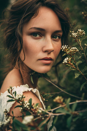 Portrait of a beautiful young woman with flowers in her hair.の素材