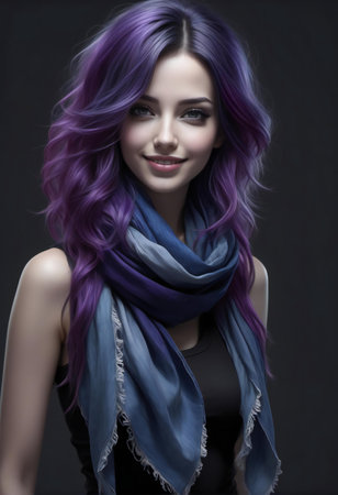 Portrait of a beautiful young woman with purple hair and blue scarfの素材