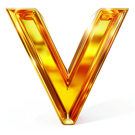 Letter v in gold on white background.の素材