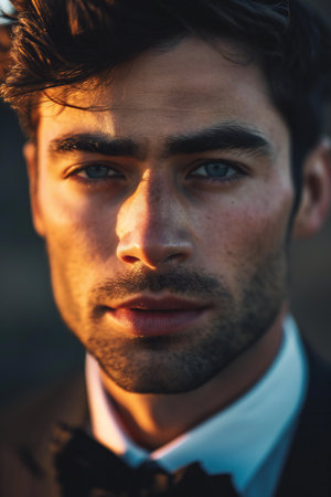 Portrait of a handsome young man outdoors. Men's beauty, fashion.の素材