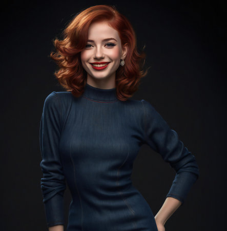 Portrait of a beautiful young woman with red hair on black backgroundの素材