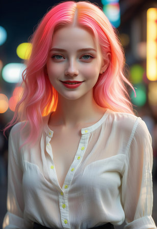 Close-up portrait of a girl with pink hair in the cityの素材