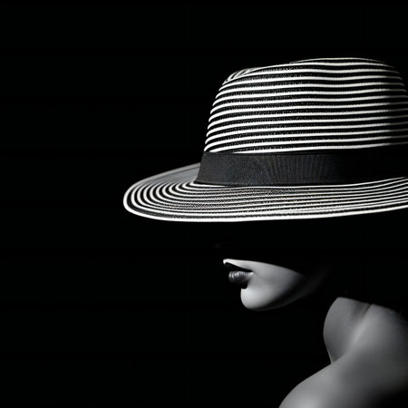 Black and white photo of beautiful woman in hat on black background.の素材