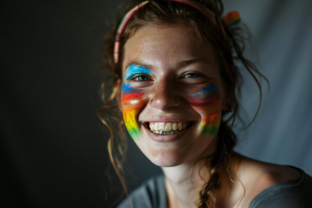 Portrait of a beautiful young woman with a painted face and a smileの素材