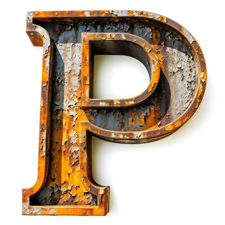 Rusty metal font Letter P on white background.の素材