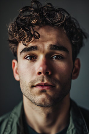 Portrait of a young man on a dark background. Close-up.の素材