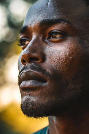 Close-up portrait of a young african american man in the parkの素材