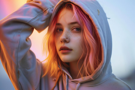 Portrait of a beautiful young girl with pink hair in a white jacket.の素材