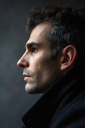Close-up portrait of a man in a black coat on a dark backgroundの素材