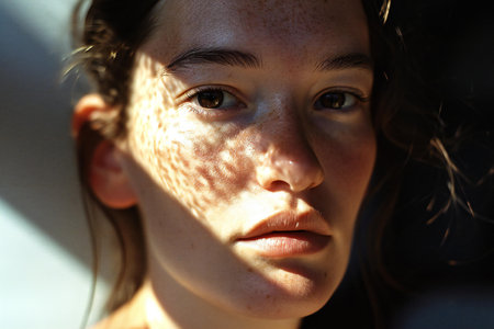portrait of a young girl with freckles on her faceの素材