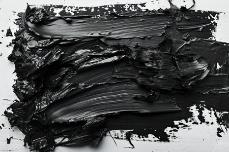 Black paint brush strokes on white background. Top view, flat lay.の素材