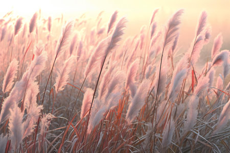 Reed in the fog at sunrise. Close-up. Nature background.の素材