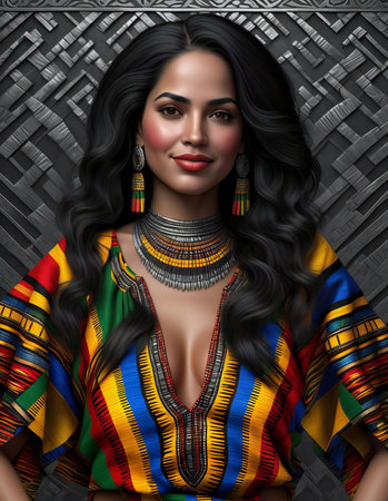 Portrait of a beautiful brunette girl with long wavy hair wearing ethnic clothes.の素材