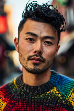 Portrait of young Asian man with short black hair and beard.の素材