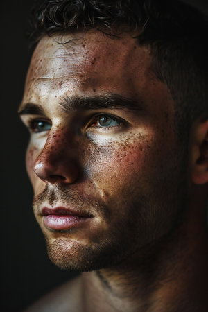 Portrait of a young man with freckles on his faceの素材