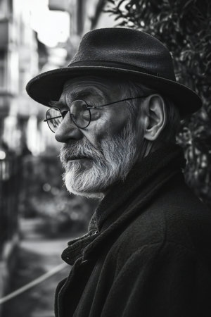 Portrait of an old man in the city. Black and white photo.の素材