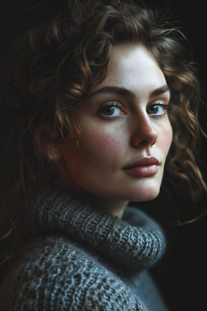 Portrait of a beautiful young woman with curly hair in a gray sweaterの素材