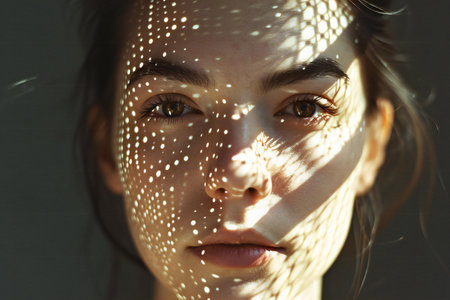 Portrait of a beautiful young woman with shadow on her face.の素材