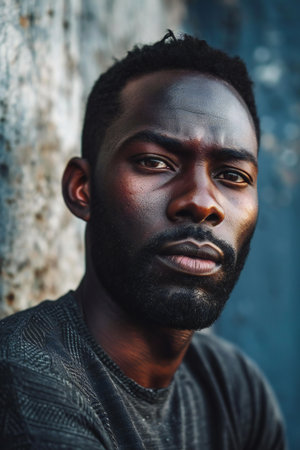 Portrait of a handsome young African man in a grey t-shirt.の素材