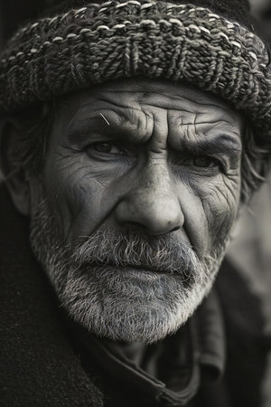 Portrait of an old beggar in the street. Black and white.の素材