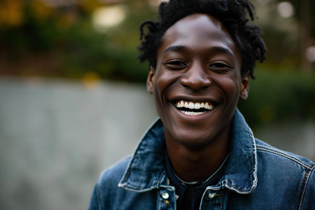 Close up portrait of a young african american man smiling outdoorsの素材