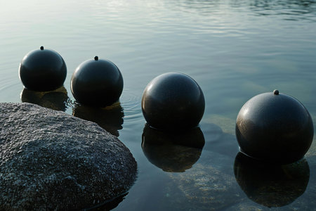 Three black balls on the shore of a lake in the evening.の素材