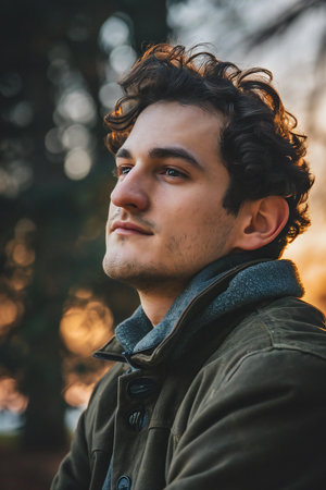Portrait of a handsome young man with curly hair in a parkstock photo, illustration, photography, graphic, design, backgroundの素材