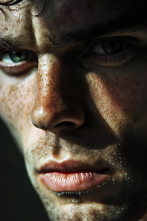 Close-up portrait of a young man with wet skin and blue eyesの素材