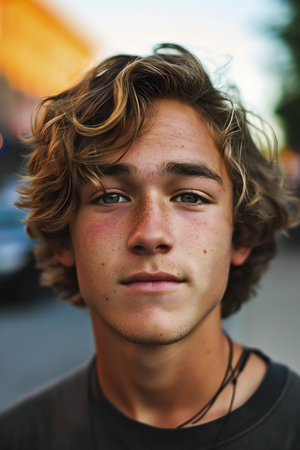 Portrait of a young man with curly hair on a city streetの素材