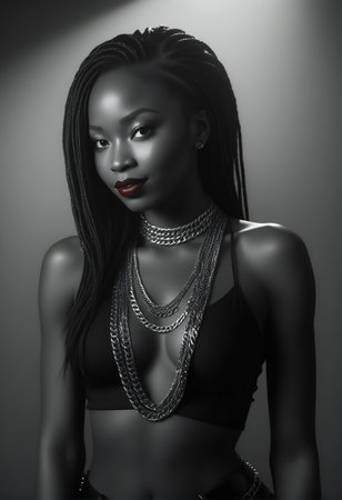 Portrait of beautiful african american woman with necklace on dark backgroundの素材