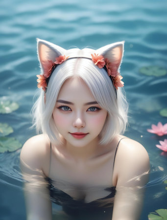 Portrait of beautiful asian girl with fox hair in the waterの素材