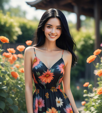 Beautiful young asian woman in flower dress in the garden.の素材