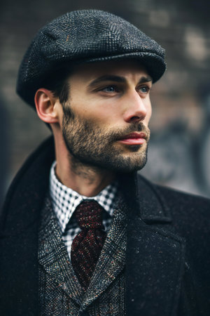Portrait of a handsome young man in a hat and coat.の素材