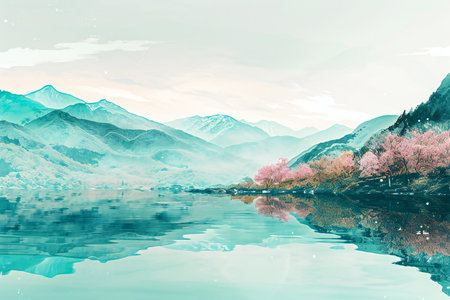 cherry blossom sakura and lake in mountains, digital paintingの素材