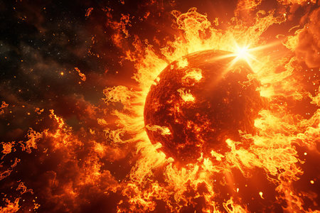 planet in fire on a background of the sun.の素材