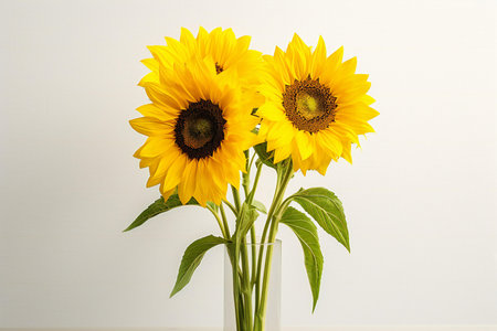 Sunflowers in a glass vase on a white background.の素材
