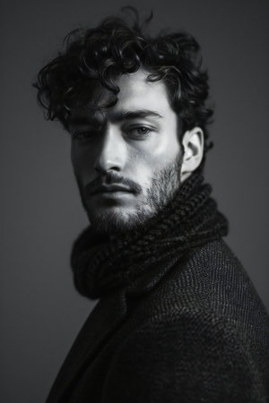 Portrait of a handsome man in a black sweater and scarf.の素材