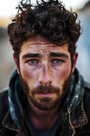 Portrait of a young man with curly hair on the street.の素材
