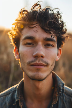 Portrait of a handsome young man with curly hair in the field.の素材