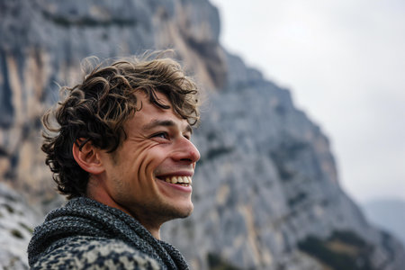Portrait of a handsome young man with curly hair smiling in the mountainsの素材