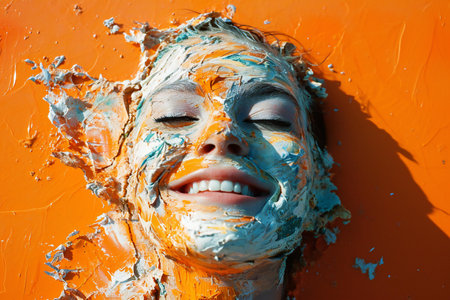 Portrait of a beautiful young woman with a painted face on an orange background.の素材