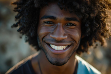 Close up portrait of a young african american man smiling outdoorsの素材