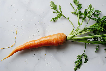 Carrot with green leaves on white marble background. Healthy food concept.の素材