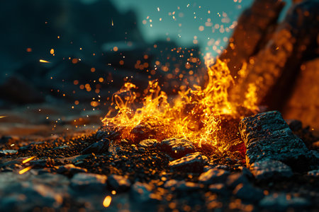 Burning coals in a campfire at night close-upの素材