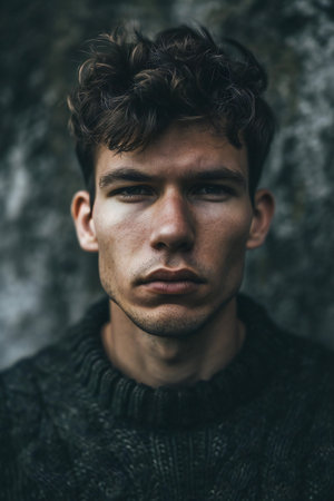 Portrait of a handsome young man in a dark sweater. Men's beauty, fashion.の素材