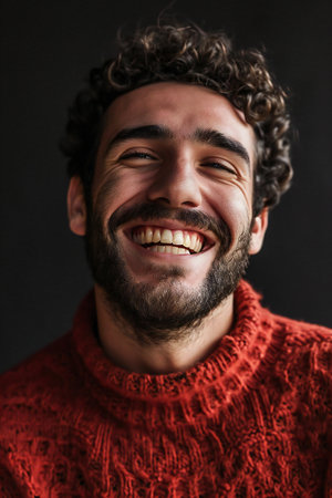 Portrait of a smiling young man in red sweater on black backgroundの素材