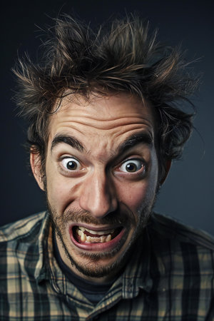 Scared man with his hair in the air on a dark backgroundの素材