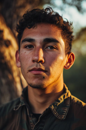 Portrait of a handsome young man in the park. Outdoor lifestyle portrait.の素材