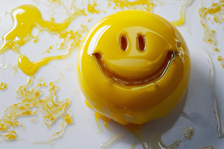 Smiley face on a yellow cake on a white background, close-upの素材