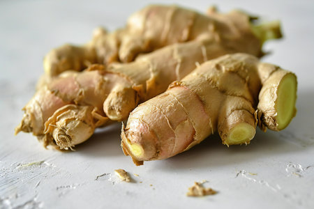 Fresh ginger root on a white wooden background. Selective focus.の素材